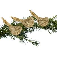 3x Kerstboomversiering glitter gouden vogeltjes op clip 12 cm - Kersthangers - thumbnail