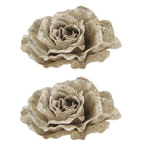 2x stuks decoratie bloemen roos champagne glitter op clip 10 cm - Kunstbloemen