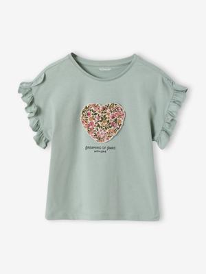 T-shirt voor meisjes met romantisch motief, korte mouwen met ruches saliegroen T-shirt voor meisjes met romantisch motief, korte mouwen met ruches saliegroen