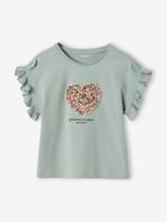 T-shirt voor meisjes met romantisch motief, korte mouwen met ruches saliegroen