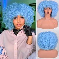 korte kinky krullende pruiken voor zwarte vrouwen krullende afro pruik met pony volledige machine gemaakt blauwe afro pruik bouncy pluizige halloween cosplay party pruiken Lightinthebox