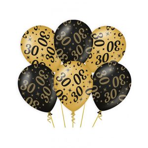 6x stuks leeftijd verjaardag feest ballonnen 30 jaar geworden zwart/goud 30 cm   -