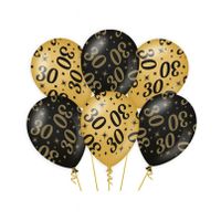 6x stuks leeftijd verjaardag feest ballonnen 30 jaar geworden zwart/goud 30 cm   -