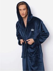 Blauwe herenbadjas met kroonborduring borst - capuchon - fleece-xl