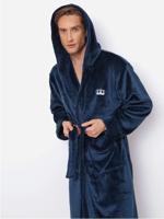 Blauwe herenbadjas met kroonborduring borst - capuchon - fleece-xl
