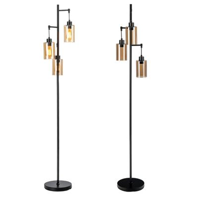 164 cm Vloerlamp met 3 Hangende Bruin Glazen Lampenkappen & Voetenschakelaar & Metalen Basis