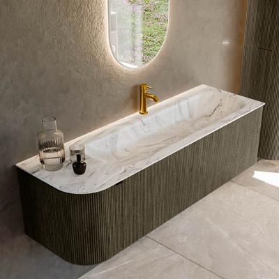 Badmeubel Mondiaz Kurve-Dlux | 145 cm cm | Meubelkleur Shadow | Wastafelkleur Glace | Solid surface | Wasbak rechter zijde spoelbak | 1 kraangat