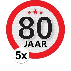 5x 80 Jaar leeftijd stickers rond 9 cm verjaardag versiering   -