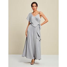 satijnen bruiloftsgast cape mouw v-hals party jumpsuit