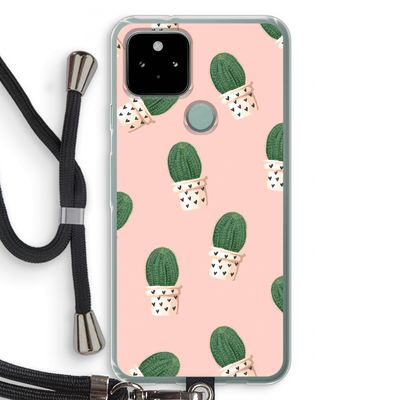 Cactusprint roze: Pixel 5 Transparant Hoesje met koord