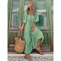 Dames Geometrisch Afdrukken V-hals Lantaarn mouw Maxi-jurk Casual Dagelijks Vakantie 3/4 mouw Zomer Lente Lightinthebox - thumbnail