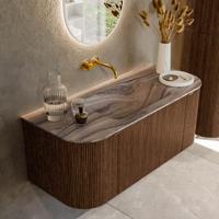 Badmeubel Mondiaz Kurve-Dlux | 110 cm | Meubelkleur Walnut | Wastafelkleur Sombra | Solid surface | Wasbak midden spoelbak | Zonder kraangat(en)