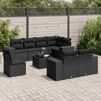 9-delige Loungeset met kussens poly rattan zwart
