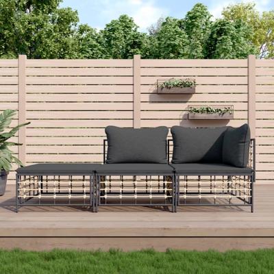 3-delige Loungeset met kussens poly rattan antracietkleurig