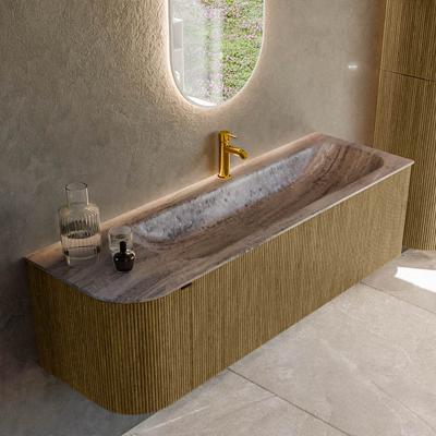 Badmeubel Mondiaz Kurve-Dlux | 145 cm | Meubelkleur Dusk | Wastafelkleur Oza | Solid surface | Wasbak rechter zijde spoelbak | 1 kraangat