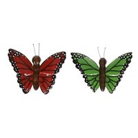 2x Houten magneten vlinders rood en groen   -
