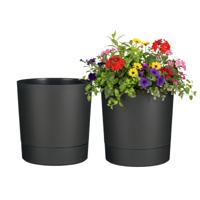 Mica Decorations Bloempot Coco - 2x - met onderschaal - antraciet - H19 x D18 cm - kunststof