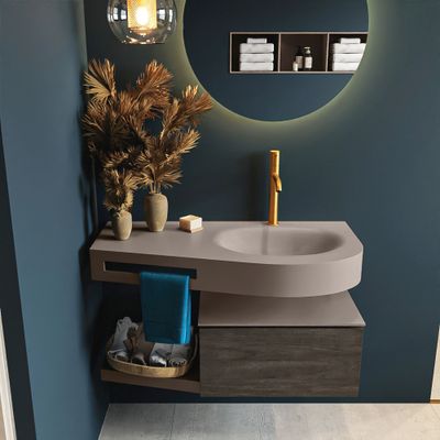 MONDIAZ RIVA 100cm badmeubel onderkast / planchet kleur Dark_Brown met 1 lade. Wastafel DULCET rechts 1 kraangat kleur Smoke.