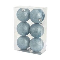 6x stuks kunststof glitter kerstballen ijsblauw 8 cm - Kerstbal - thumbnail