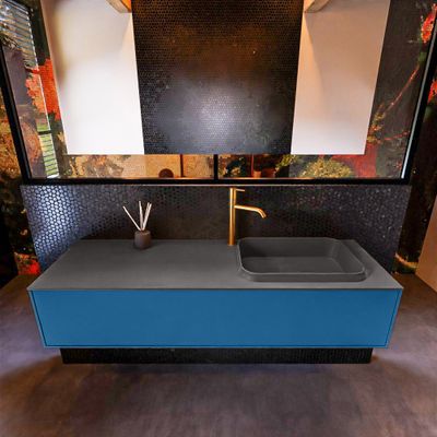 Badkamermeubelset Mondiaz Erin 150 cm met 1 Lade met RIDGE Wastafel Rechts Dark grey met 1 kraangat Greeploos Mat Jeans