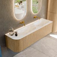 Mondiaz KURVE-DLUX 165 cm Onderkast Greeploos 2 Lades Met Deuren Oak, Wastafel Solid Surface Rechts Ostra 0 Kraangaten Zonder Spiegel (KRVSTS165L2L1D0KD-Oak/Ost)