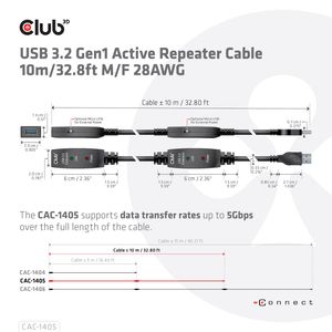 club3D USB-kabel USB 3.2 Gen1 (USB 3.0 / USB 3.1 Gen1) 10.00 m Zwart CAC-1405