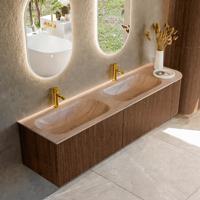 Badmeubel Mondiaz Kurve-Dlux | 175 cm | Meubelkleur Walnut | Wastafelkleur Saba | Solid surface | Dubbel / Links spoelbak | 2 kraangaten