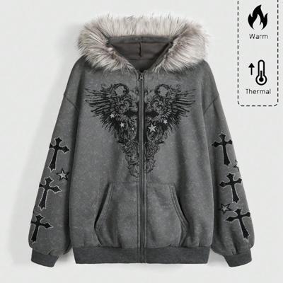 Bon&Bon Fairycore Oversized Zip Up Fuzzy Hoodie - Cross & Wing Print Grey / XS