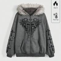 Bon&Bon Fairycore Oversized Zip Up Fuzzy Hoodie - Cross & Wing Print Grey / XS