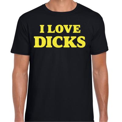 Foute party t-shirt voor heren - I love Dicks - zwart - glitter geel - carnaval/themafeest Foute party t-shirt voor heren - I love Dicks - zwart - glitter geel - carnaval/themafeest