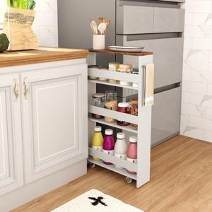 Rolbare 4-Lagen Smalle Keuken Opslag Trolley met Zij Handvat Ruimtebesparende Smalle Voorraadkast Planken Kar Wit