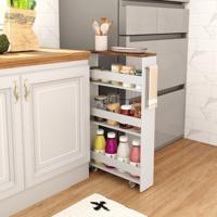 Rolbare 4-Lagen Smalle Keuken Opslag Trolley met Zij Handvat Ruimtebesparende Smalle Voorraadkast Planken Kar Wit