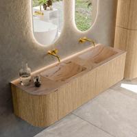 Badmeubel Mondiaz Kurve-Dlux | 155 cm | Meubelkleur Oak | Wastafelkleur Arena | Solid surface | Dubbel / Rechts spoelbak | Zonder kraangat(en)