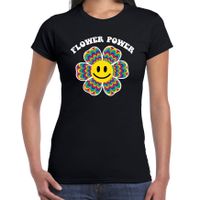 Jaren 60 Flower Power verkleed shirt zwart met psychedelische emoticon bloem dames - thumbnail