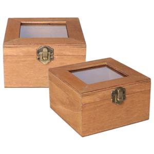 Houten opbergkistje met deksel - 2x - bruin - 12 x 12 x 8 cm - Sieraden/spulletjes/sleutels