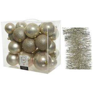 Kerstversiering kerstballen 6-8-10 cm met folieslingers pakket parel/champagne van 28x stuks - Kerstbal