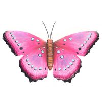 Roze/zwarte metalen tuindecoratie vlinder 48 cm - Tuinbeelden - thumbnail