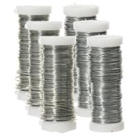 Binddraad/wikkeldraad - 6x rolletjes - zilver - 30 m x 0,3 mm - hobbydraad/bloemendraad
