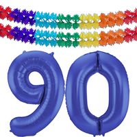 Grote folie ballonnen cijfer 90 in het blauw 86 cm en 2x feestslingers - thumbnail