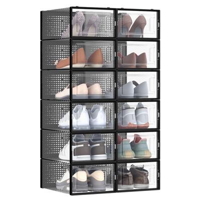 Set van 12 schoenendozen met deksels, Transparant + Zwart / 12