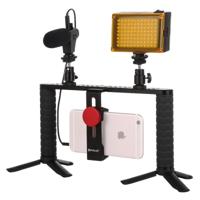 PULUZ 4 in 1 Live uitzending LED Selfie lichte Smartphone Video Rig omgaan met stabilisator aluminium beugel Kits met microfoon + statief-Mount + koud