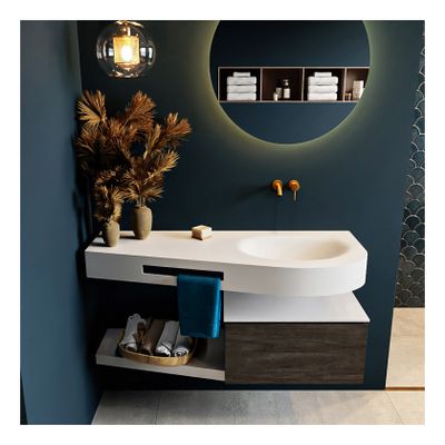 Mondiaz Riva 120cm badmeubel onderkast planchet donker bruin met 1 lade wastafel rechts kleur talc