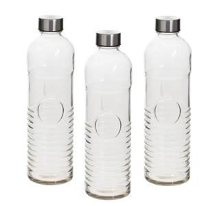 Set van 3x stuks waterflessen/drinkflessen - 1 liter - van gehard ribbel glas - Glazen drink flessen
