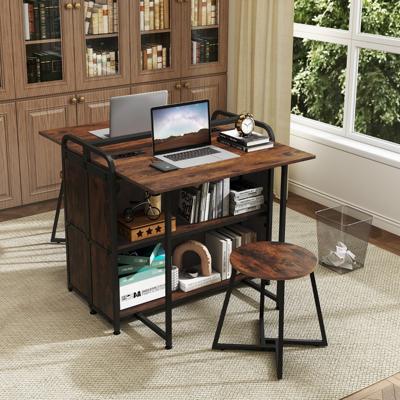 Opvouwbaar Bureau met Kruk Draagbare Bureau en Kruk Set met Opbergplanken AC Stopcontacten USB & Type-C Poorten Bruin