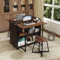 Opvouwbaar Bureau met Kruk Draagbare Bureau en Kruk Set met Opbergplanken AC Stopcontacten USB & Type-C Poorten Bruin
