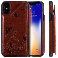 Voor iPhone XS kat Bee reliëf patroon schokbestendige beschermhoes met kaartsleuven & fotolijstjes (bruin)