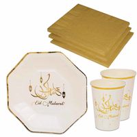 Tafel dekken Ramadan Mubarak feestartikelen wit/goud 16x bordjes/16x drink bekers/20x servetten Tafel dekken Ramadan Mubarak feestartikelen wit/goud 16x bordjes/16x drink bekers/20x servetten