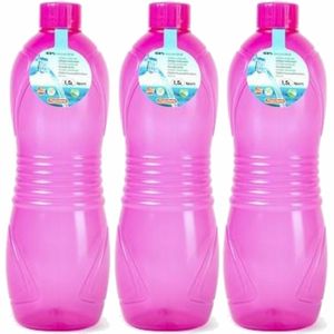 Drinkfles/waterfles/bidon - 3x - 1500 ml - transparant/roze - kunststof