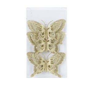 3x stuks decoratie vlinders op clip glitter goud 14 cm