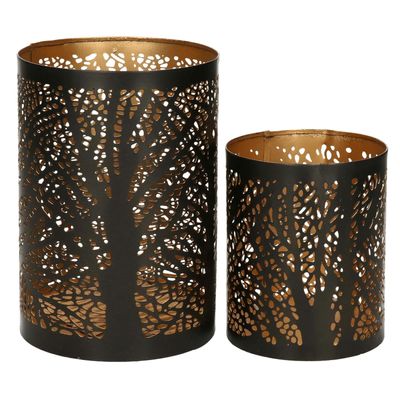 Windlichten set - 2x - zwart/goud - metaal - 10/15 cm - kaarsenhouder/theelichthouder